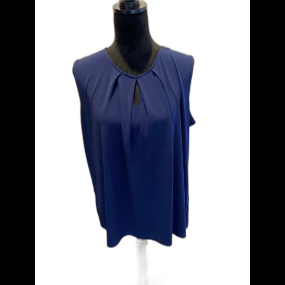 Kasper Tops - Kasper Womens Blouse Sleeveless Top Navy Size XL + Stretch Keyhole Pleated Frnt